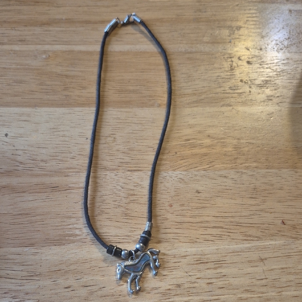 Black Cord Necklace with Silver Horse Pendant